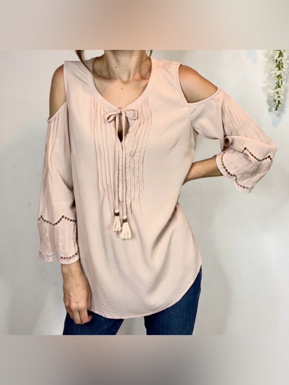 Daniel Rainn Boho Cold Shoulder Pintuck Pleat Blouse Blush Pink Small